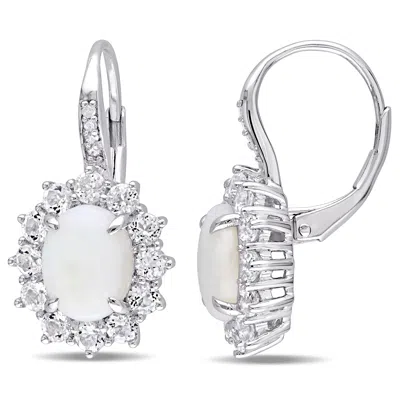 Mimi & Max 3 7/8ct Tgw Opal, White Topaz And Diamond Accent Halo Leverback Earrings In Sterling Silver