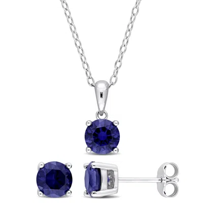 Mimi & Max 3 Ct Tgw Round Created Blue Sapphire 2-piece Set Of Pendant With Chain And Earrings In Sterling Silv In White