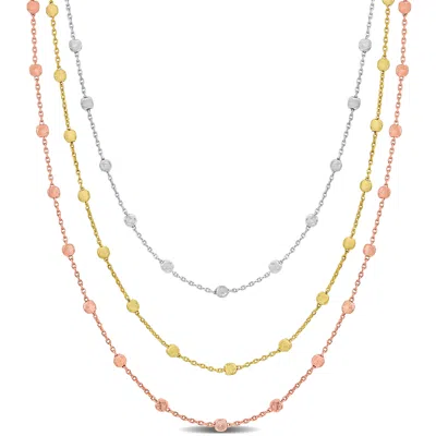 Mimi & Max 3-strand Ball Station Necklace In 3-tone Rose Yellow And White Sterling Silver - 16+2 In In Gold