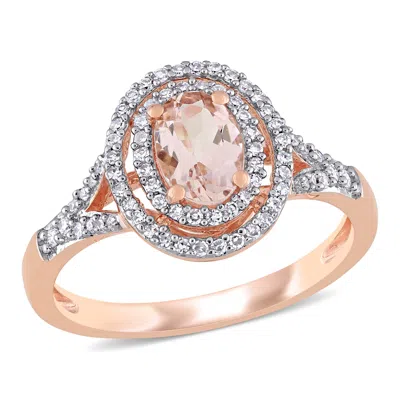 Mimi & Max 3/4ct Tgw Oval Morganite 1/4ct Tw Diamond Double Halo Ring 14k Rose Gold In Pink