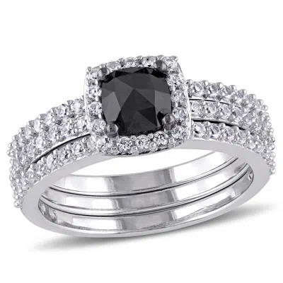 Mimi & Max 3/4ct Tw Black Cushion Cut Diamond Created White Sapphire Bridal Set 10k White Gold