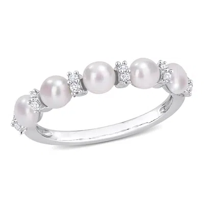 Mimi & Max 3.5-4mm Cultured Freshwater Pearl And 1/8ct Tgw White Topaz Semi Eternity Ring In Sterling Silver