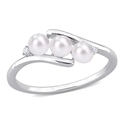 Mimi & Max 3.5-4mm Cultured Freshwater Pearl And Diamond Accent 3-stone Bypass Ring In Sterling Silver In White
