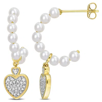 Mimi & Max 3.5-4mm Freshwater Cultured Pearl And Diamond Accent Heart Drop Earrings In 10k Yellow Gold In White