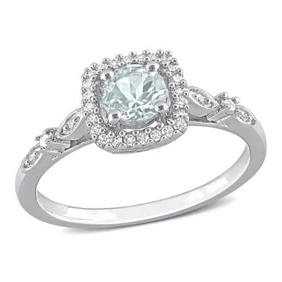 Mimi & Max 3/8ct Tgw Aquamarine And 1/10ct Tw Diamond Square Halo Ring In Sterling Silver In Multi