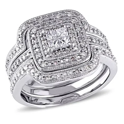 Mimi & Max 3/8ct Tw Round And Princess Cut Diamond Quad Halo Bridal Set In Sterling Silver In White