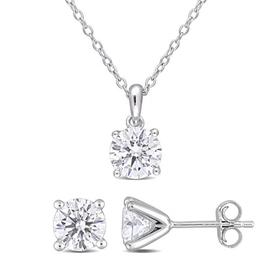 Mimi & Max 3ct Dew Created Moissanite Solitaire Necklace Stud Earrings Set Sterling Silver In Metallic