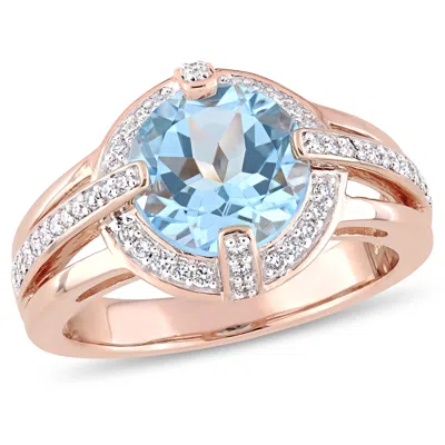 Mimi & Max 3ct Tgw Blue Topaz 1/3ct Tw Diamond Halo Vintage Ring 14k Rose Gold