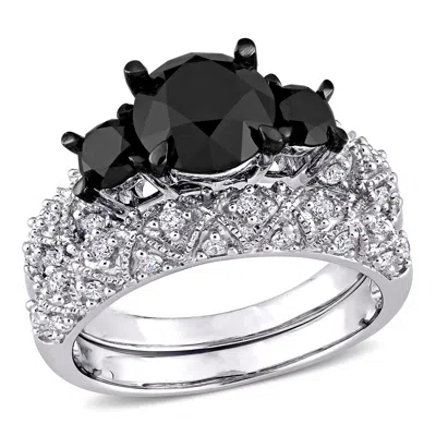 Mimi & Max 3ct Tw Black And White Diamond 3-stone Vintage Bridal Set In 10k White Gold