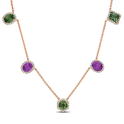 Mimi & Max 4 1/10ct Tgw Green Pruple Sapphire 3/8ct Tw Diamond Halo Station Necklace 14k Rose Gold