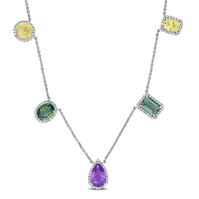 Mimi & Max 4 1/10ct Tgw Green Pruple Sapphire 3/8ct Tw Diamond Halo Station Necklace 14k Rose Gold In Multi