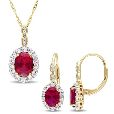 Mimi & Max 4 1/2ct Tgw Created Ruby White Topaz And Diamond Necklace And Earrings Set 14k Yellow Gold In Red