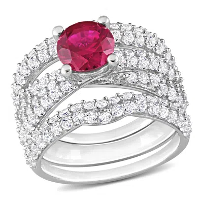 Mimi & Max 4 1/5ct Tgw Created Ruby Created White Sapphire Bridal Ring Set In Sterling Silver In Purple