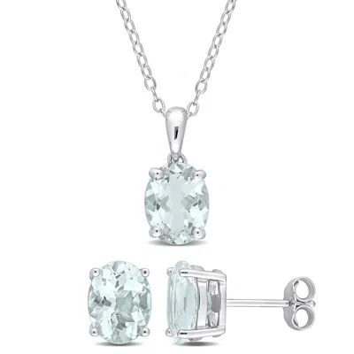 Mimi & Max 4 1/5ct Tgw Oval Aquamarine 2-piece Set Of Pendant With Chain And Earrings In Sterling Silver In Blue
