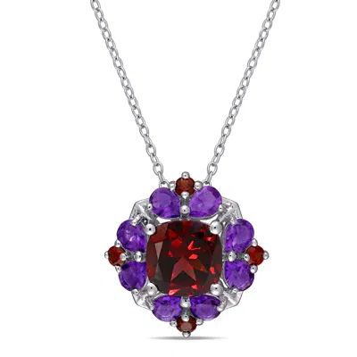 Mimi & Max 4 2/5ct Tgw Garnet And African Amethyst Quatrefoil Floral Necklace In Sterling Silver In Multi