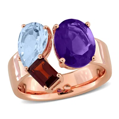 Mimi & Max 4 3/4ct Tgw African-amethyst Sky Blue Topaz And Garnet 3-stone Ring Rose Silver