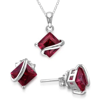 Mimi & Max 4 3/8ct Tgw Created Ruby Wave Necklace And Earrings Set In Sterling Silver In Red