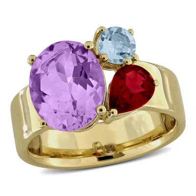 Mimi & Max 4 3/8ct Tgw Pink Amethyst Garnet And Sky Blue Topaz 3-stone Ring Yellow Silver