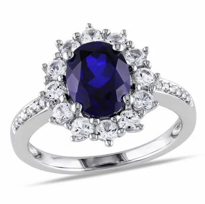 Mimi & Max 4 Ct Tgw Created Blue And White Sapphire And 0.05 Ct Tw Diamond Halo Ring In Sterling Silver