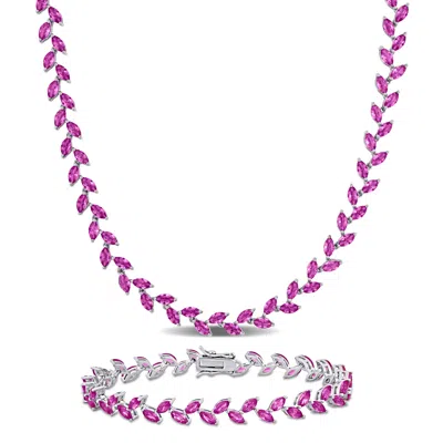 Mimi & Max 41 1/2ct Tgw Created Pink Sapphire Leaf Necklace And Bracelet Sterling Silver In Purple