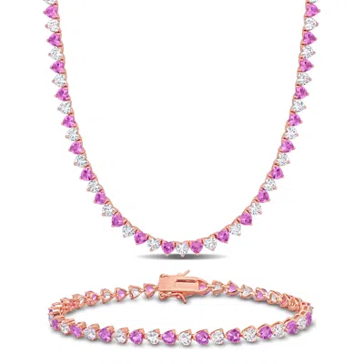 Mimi & Max 43 1/5ct Tgw Created Pink White Sapphire Tennis Bracelet And Necklace Rose Silver In Multi
