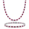 MIMI & MAX 47 1/2CT TGW CREATED RUBY AND WHITE SAPPHIRE NECKLACE AND BRACELET SET STERLING SILVER