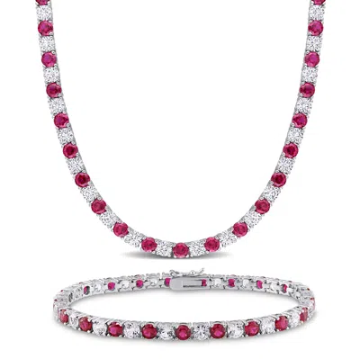 Mimi & Max 47 1/2ct Tgw Created Ruby And White Sapphire Necklace And Bracelet Set Sterling Silver In Multi
