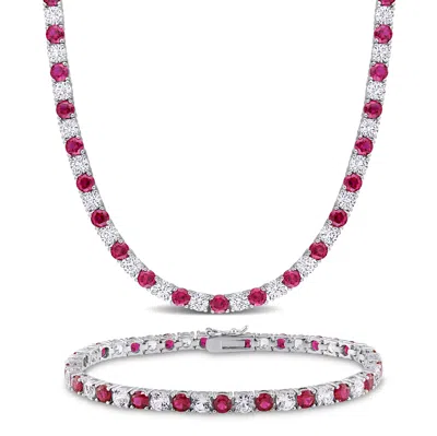 Mimi & Max 47 1/2ct Tgw Created Ruby And White Sapphire Necklace And Bracelet Set Sterling Silver In Red