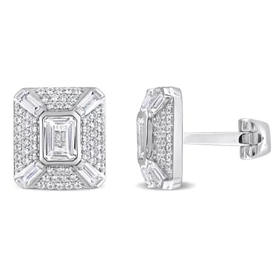Mimi & Max 5-3/4ct Tgw Octagon Baguette And Round-cut Created White Sapphire Cufflinks In Sterling Silver