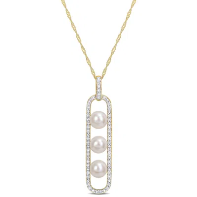 Mimi & Max 5-5.5mm Cultured Freshwater Pearl And 1/5ct Tdw Diamond Drop Pendant With Chain In 10k Yellow Gold In Multi