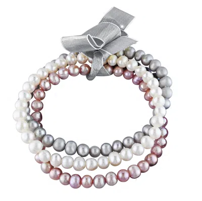 Mimi & Max 5-5.5mm White Pink And Grey Cultured Freshwater Pearl Three Bracelet Set With Ribbon In Multi