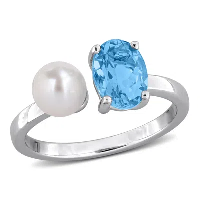 Mimi & Max 5.5-6mm Cultured Freshwater Pearl 1 1/2ct Tgw Sky Blue Topaz Open Ring Sterling Silver In Metallic