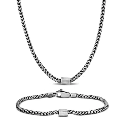 Mimi & Max 5.5mm Franco Link Chain Necklace Anklet 2-pc Set Oxidised Sterling Silver In White