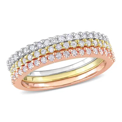 Mimi & Max 5/8ct Tdw Triple Row Diamond Ring Set In 3-tone Pink, Yellow And White Sterling Silver In Multi