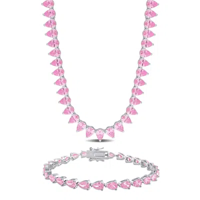 Mimi & Max 58ct Tgw Created Pink Sapphire Tennis Jewelry Set Sterling Silver In Gray