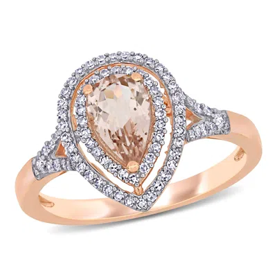 Mimi & Max 5/8ct Tgw Pear-cut Morganite And 1/4ct Tw Diamond Double Halo Ring In 14k Rose Gold In Pink