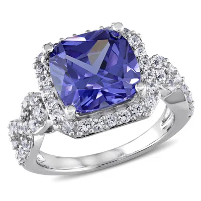 Mimi & Max 6 3/4ct Tgw Cushion-cut Simulated Tanzanite And Created White Sapphire Halo Ring In Sterling Silver In Blue