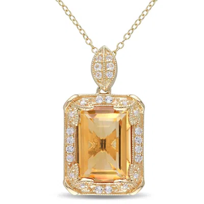 Mimi & Max 6 3/4ct Tgw Emerald Cut Citrine-white Topaz And Diamond Halo Necklace In Yellow Silver In Orange