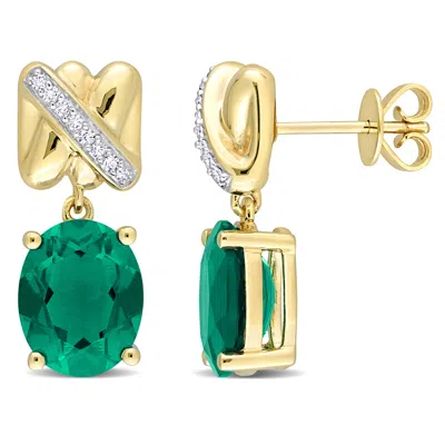Mimi & Max 6 5/8ct Tgw Created Emerald 1/10ct Tdw Diamond Crossover Earrings 14k Yellow Gold In Multi