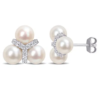 Mimi & Max 6-6.5mm Cultured Freshwater Pearl And 1/5ct Tgw White Topaz Floral Stud Earrings In Sterling Silver