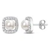 MIMI & MAX 6-6.5MM CULTURED FRESHWATER PEARL AND 3/8 CT TGW CREATED WHITE SAPPHIRE HALO STUD EARRINGS IN 10K WH