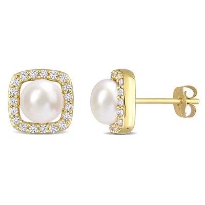 Mimi & Max 6-6.5mm Cultured Freshwater Pearl And 3/8ct Tgw Created White Sapphire Halo Earrings In 10k Yellow G In Multi