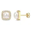 Mimi & Max 6-6.5mm Cultured Freshwater Pearl And 3/8ct Tgw Created White Sapphire Halo Earrings In 10k Yellow G