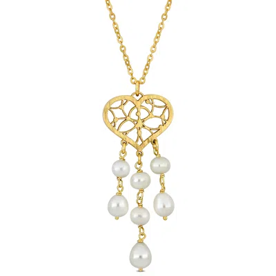 Mimi & Max 6-6.5mm Cultured Freshwater Pearl Chandelier Style Heart Drop Pendant With Chain In Yellow Plated St In Multi