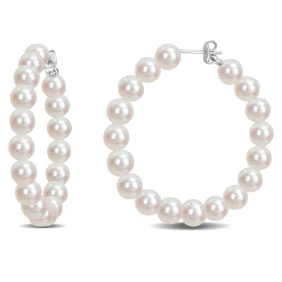 Mimi & Max 6-6.5mm Cultured Freshwater Pearl Hoop Earrings In Sterling Silver