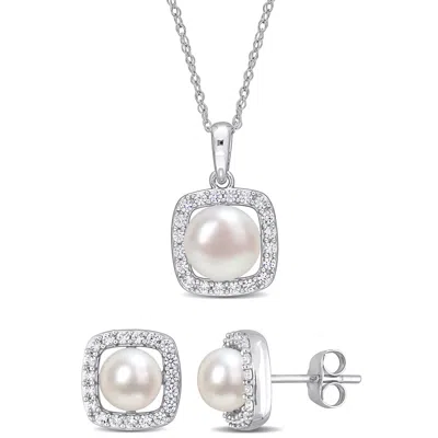 Mimi & Max 6-7.5mm Cultured Freshwater Pearl And 3/5ct Tgw Created White Sapphire 2-piece Halo Necklace And Ear