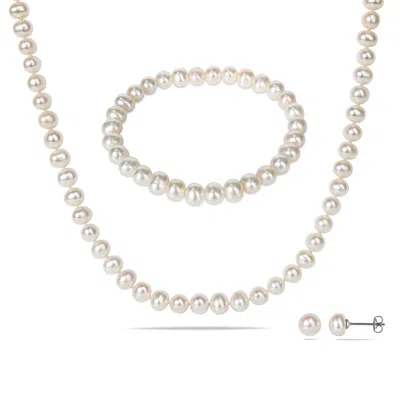 Mimi & Max 6-7mm Cultured Freshwater Pearl Bracelet, Necklace, And Earring Set In White