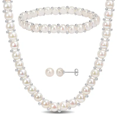 Mimi & Max 6-8mm Cultured Freshwater Button Pearl Strand Necklace, Bracelet And Stud Earrings 3-piece Set With In White