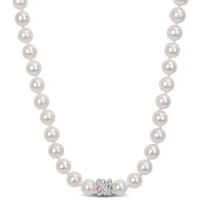 Mimi & Max 6.5-7mm Cultured White Freshwater Pearl 1/10ct Tdw Diamond Necklace - 17 In. 14k White Gold In Silver