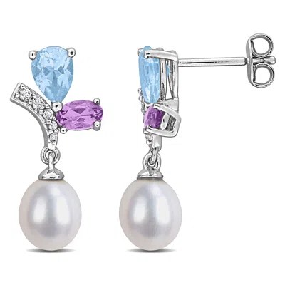 Mimi & Max 6.5mm Cultured Freshwater Pearl 1 3/5ct Tgw Sky Blue & White Topaz Rose De France Earrings Sterling  In Metallic
